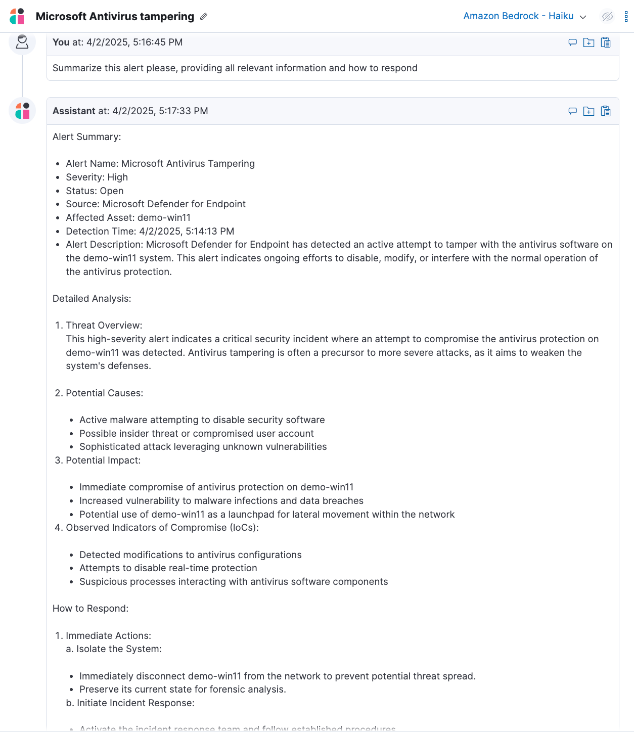 Elastic AI Assistant triaging a MDE alert