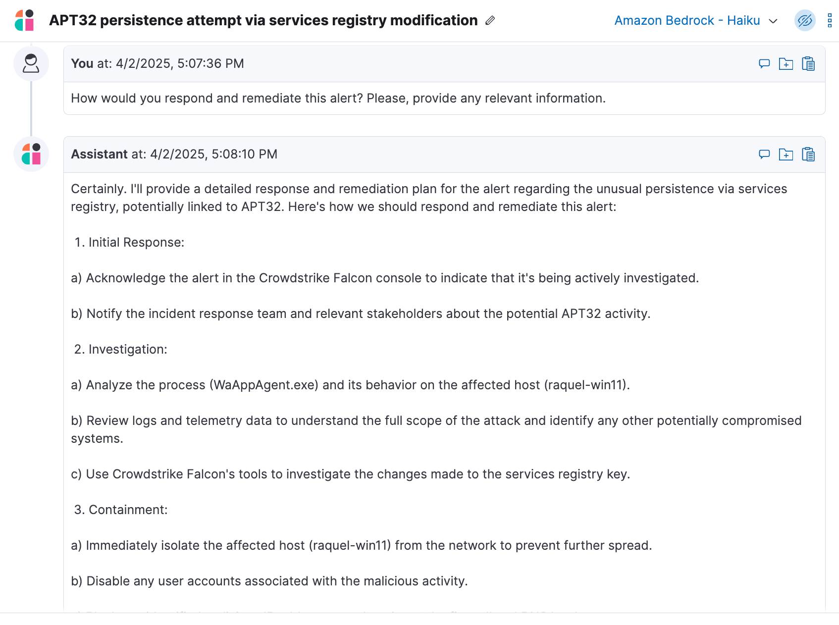 Elastic AI Assistant supporting with the remediation of a CrowdStrike alert