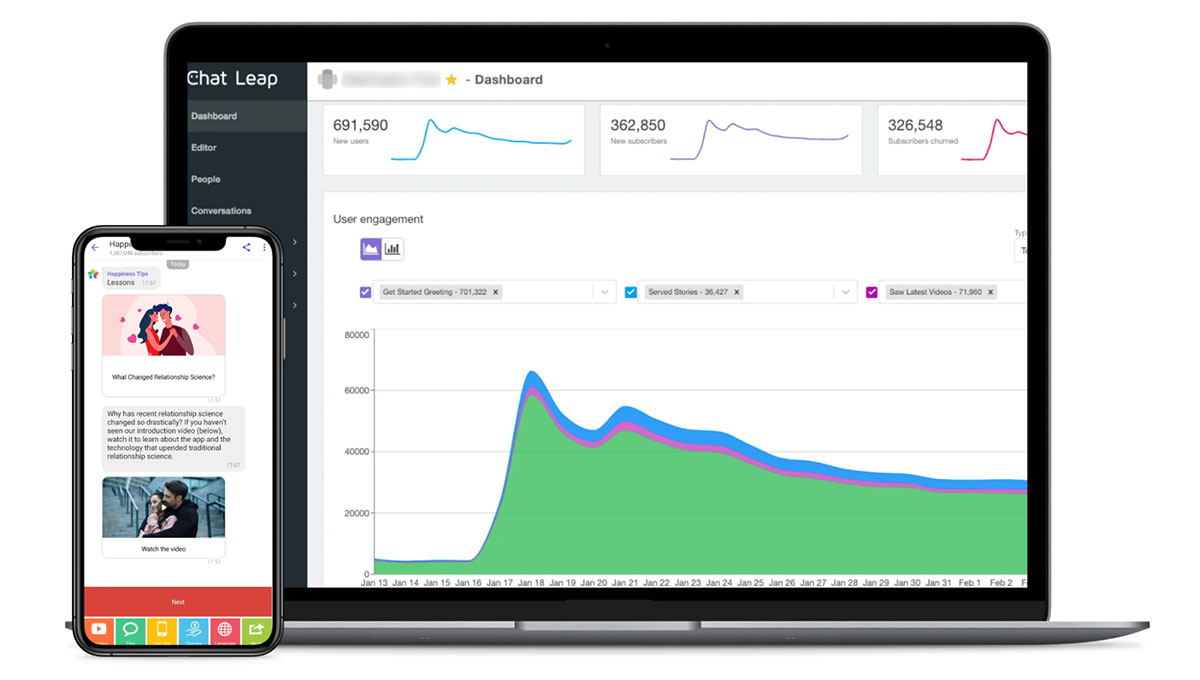 Chat Leap provides an intuitive platform that provides marketing automation for businesses to build, deploy, and run high-quality chatbots and messaging chat applications.
