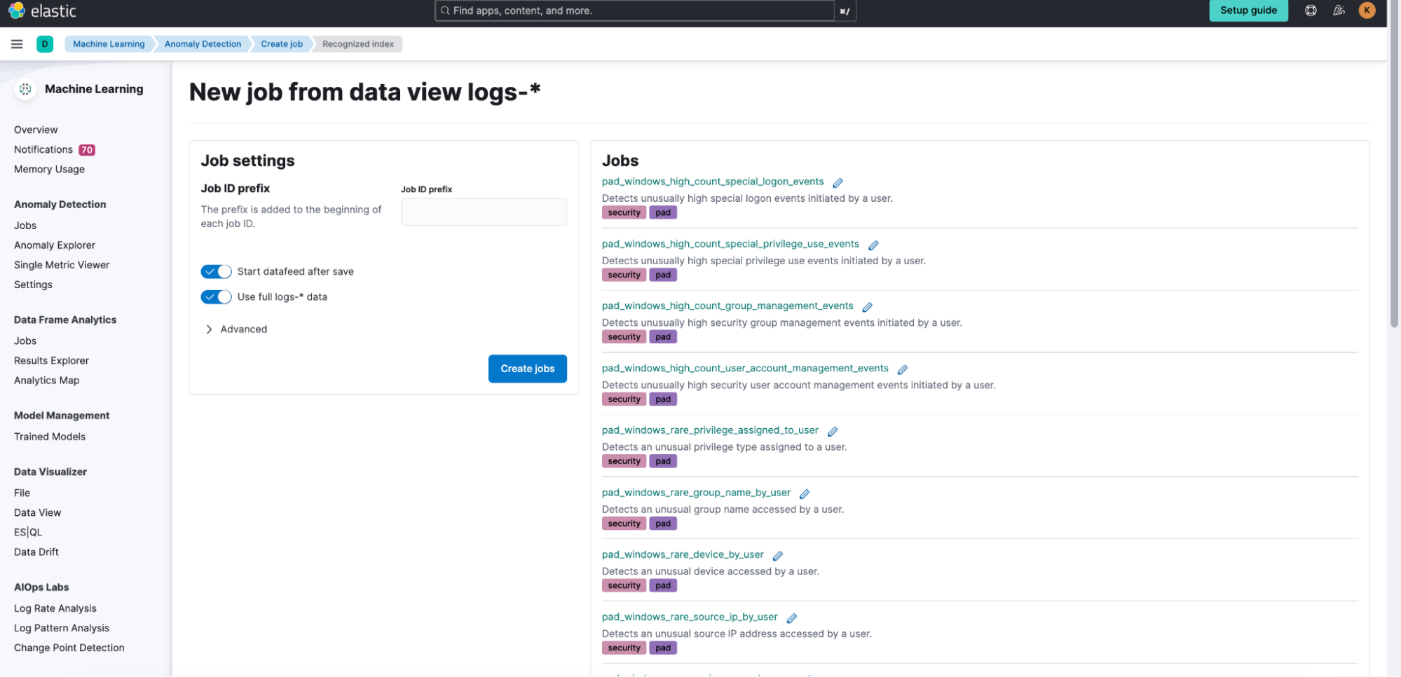 new job from data view logs