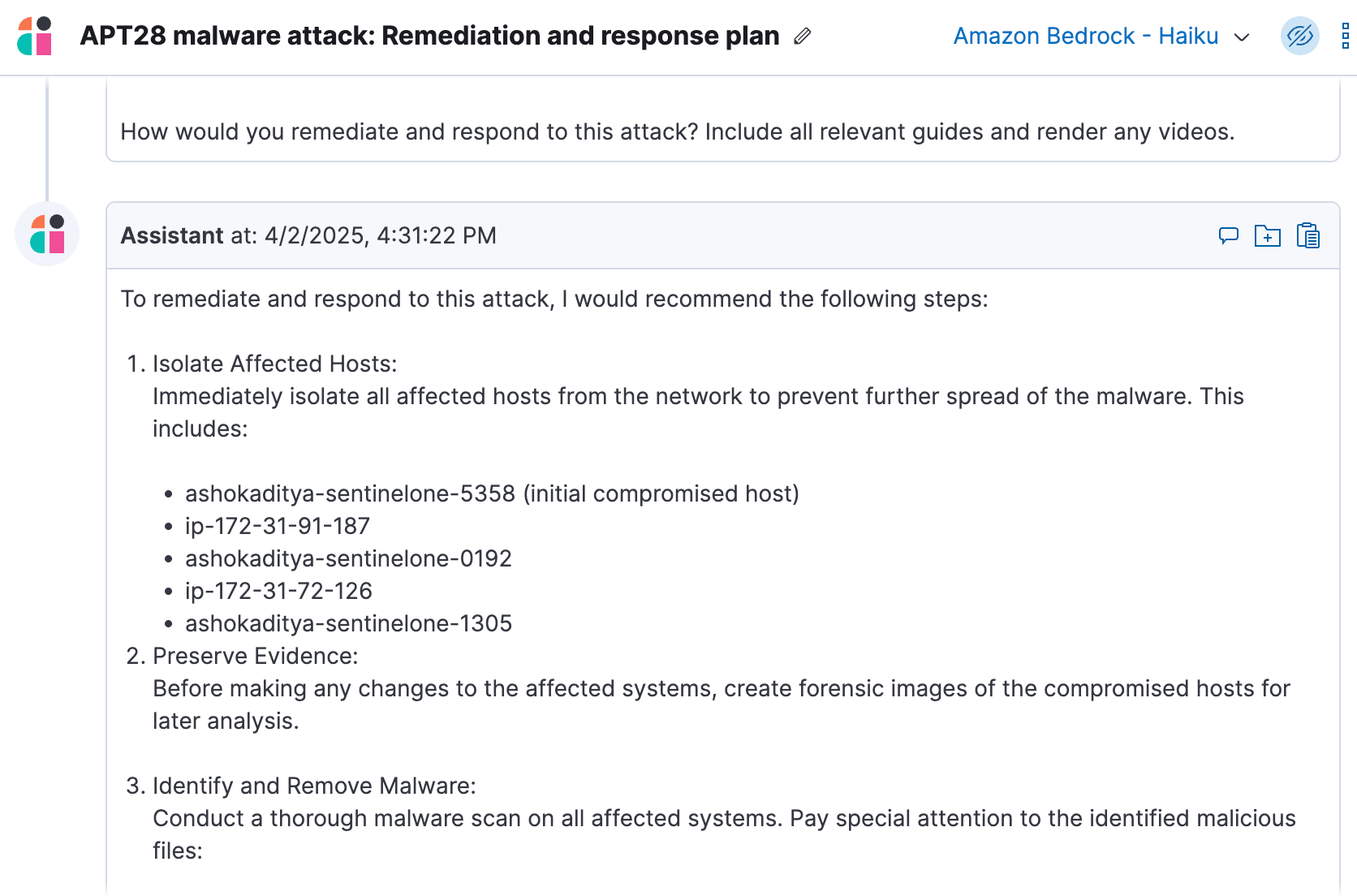 Elastic AI Assistant suggested remediation for SentinelOne alerts