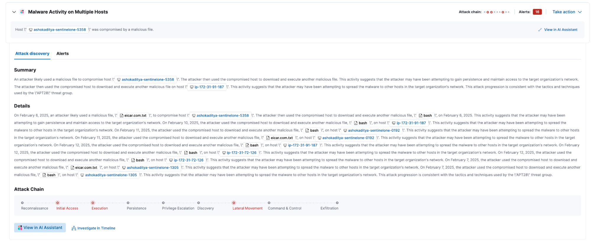 Elastic Attack Discovery assisting with root cause and attack chain from a SentinelOne malware alert