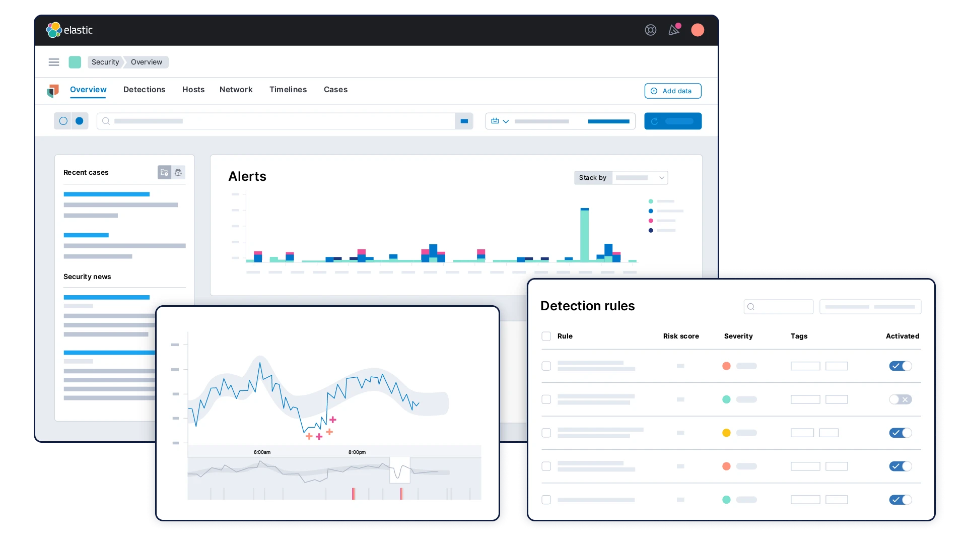 Elastic Security for SIEM, with SOC dashboard, ML findings, and detection rules